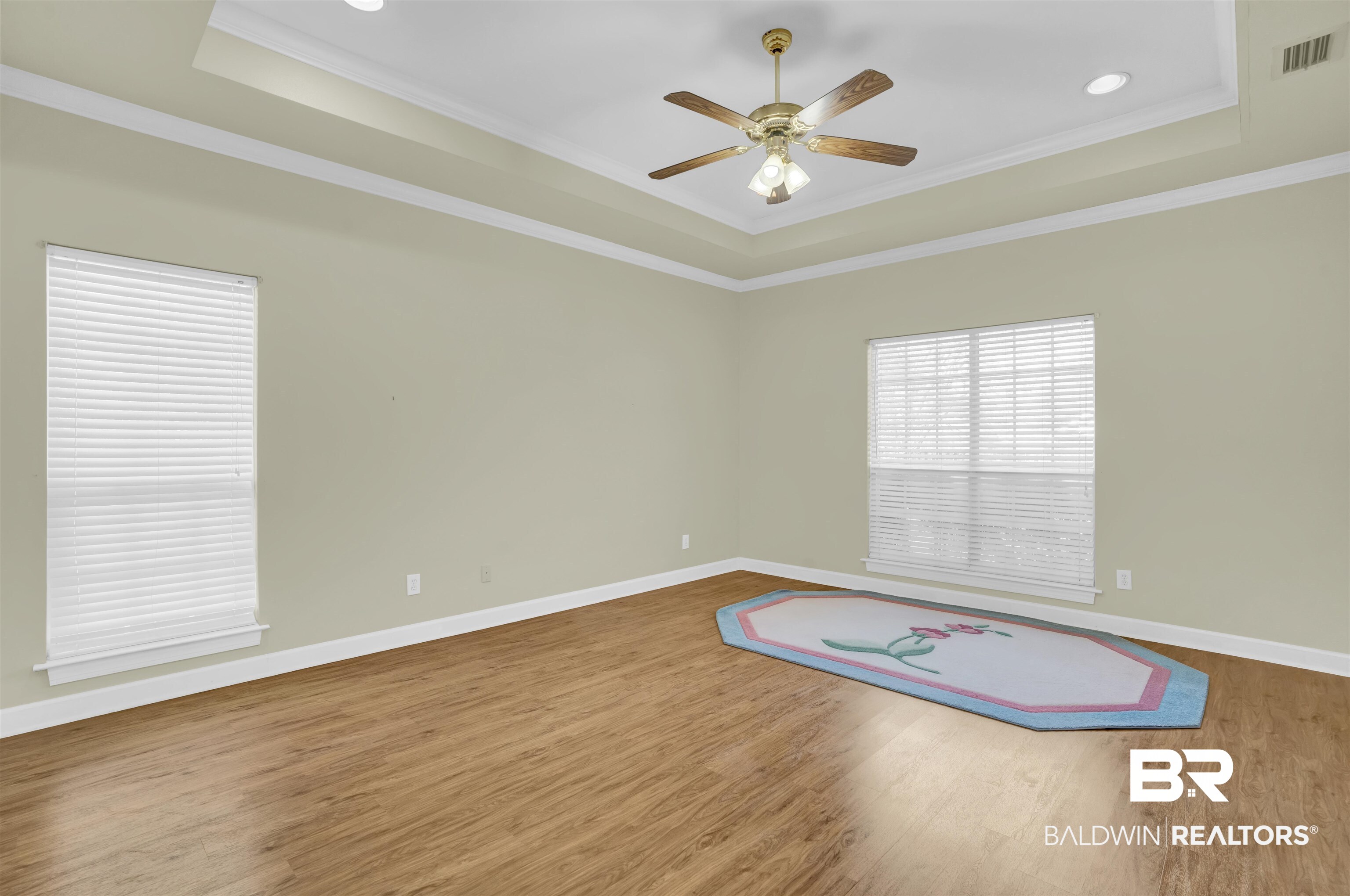 100 Conti Court Fairhope, AL 36532 - Photo 33 of 54 Spare room with a raised ceiling, ceiling fan, wood-type flooring, and ornamental molding