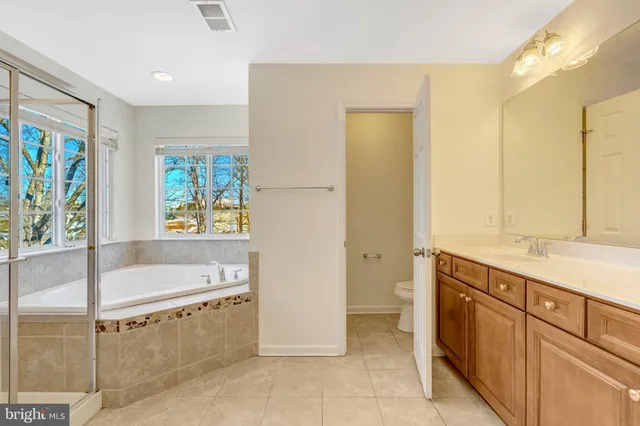 a bathroom with a tub sink and mirror