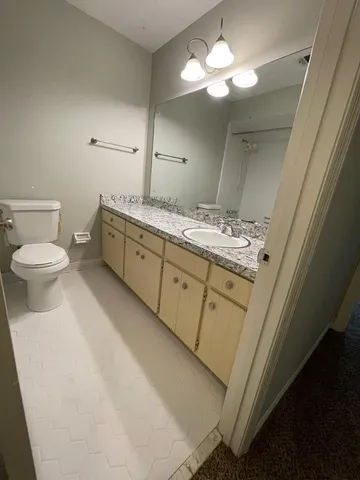 a bathroom with a sink a toilet and a mirror