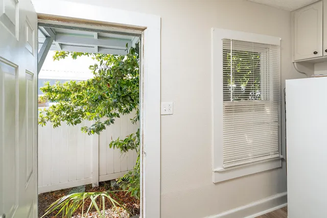 a view of a porch with a potted plant