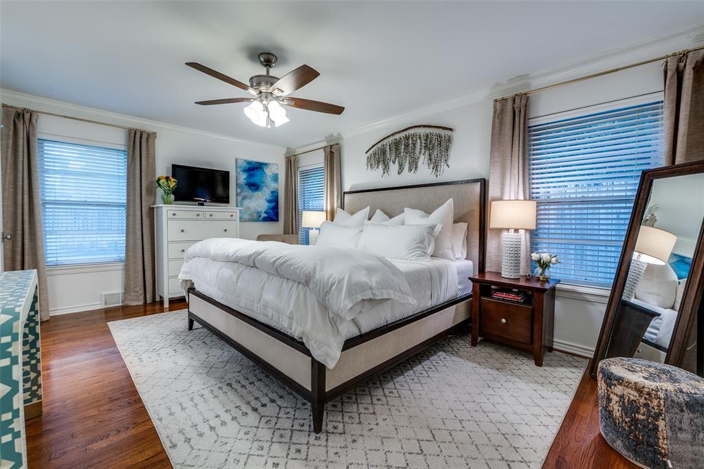 4159 Clover Lane Dallas, TX 75220 - Photo 15 of 25 Bedroom with ornamental molding, wood finished floors, baseboards, and ceiling fan