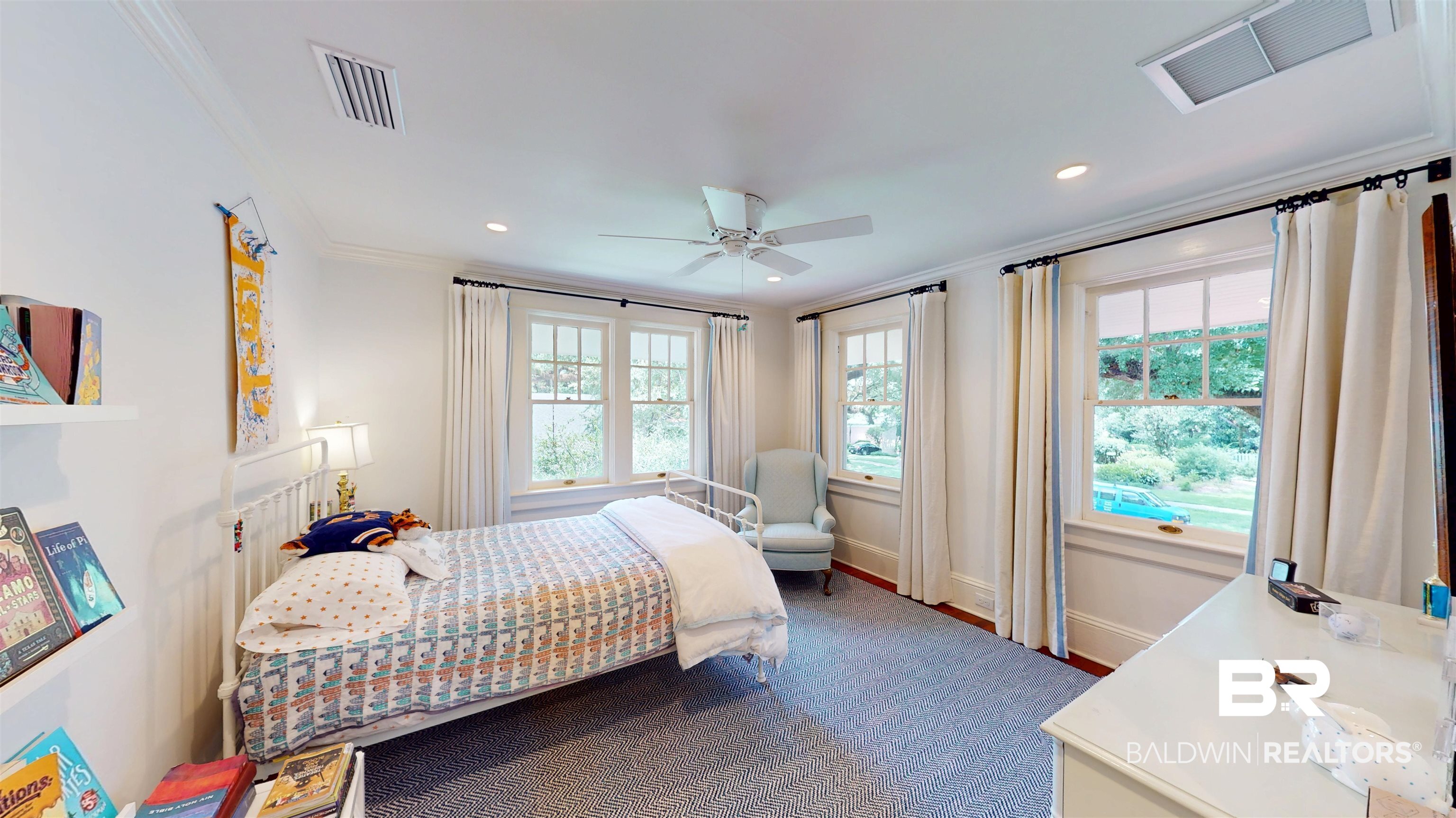 211 Lanier Avenue Mobile, AL 36607 - Photo 41 of 73 Carpeted bedroom with ornamental molding, multiple windows, recessed lighting, and ceiling fan