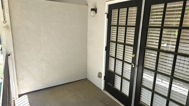 a view of small yard with large trees and plants