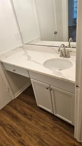 a bathroom with a sink and a mirror