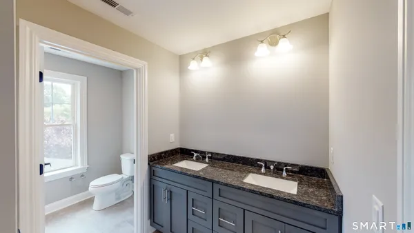 a bathroom with a granite countertop sink a toilet and a bathtub