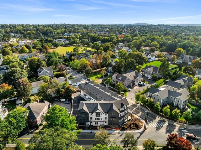 an aerial view of residential houses with city view