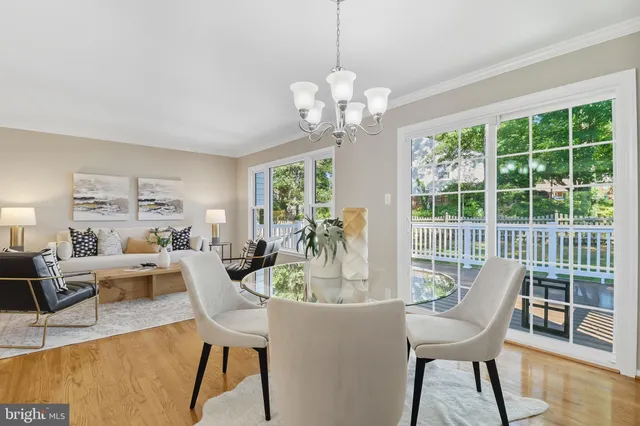 a view of a dining room with furniture wooden floor and chandelier