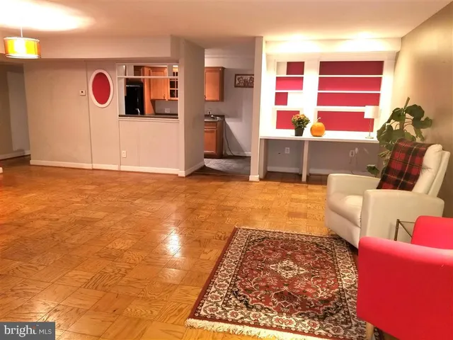 a living room with furniture and a rug