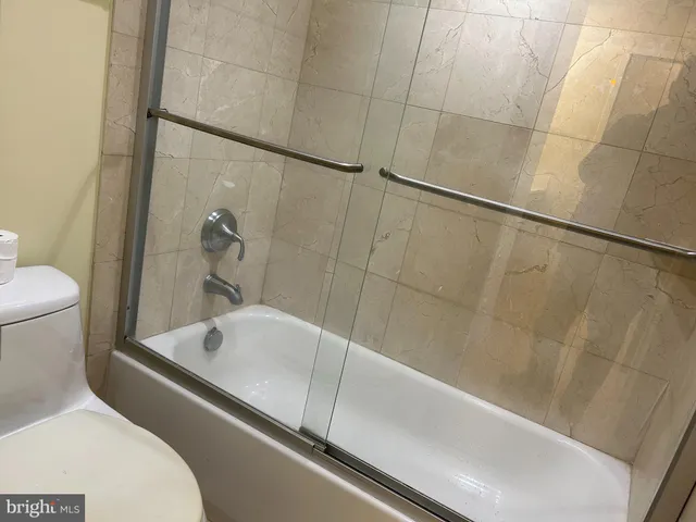 a bathroom with a bathtub and a toilet