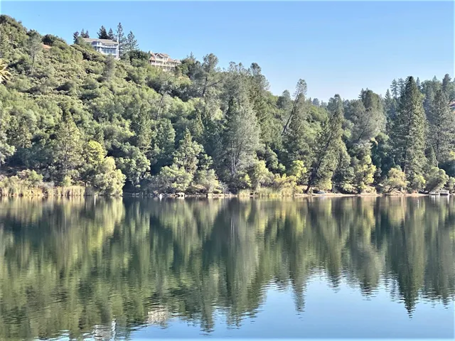 a view of a lake with houses in the background