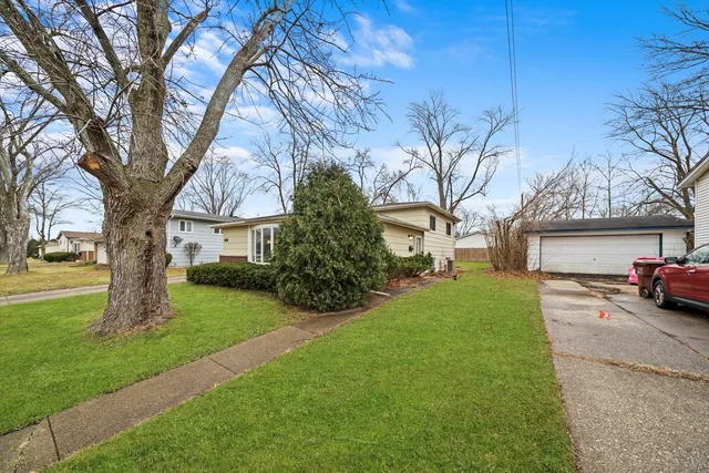 a view of a yard with a car parked in front of house