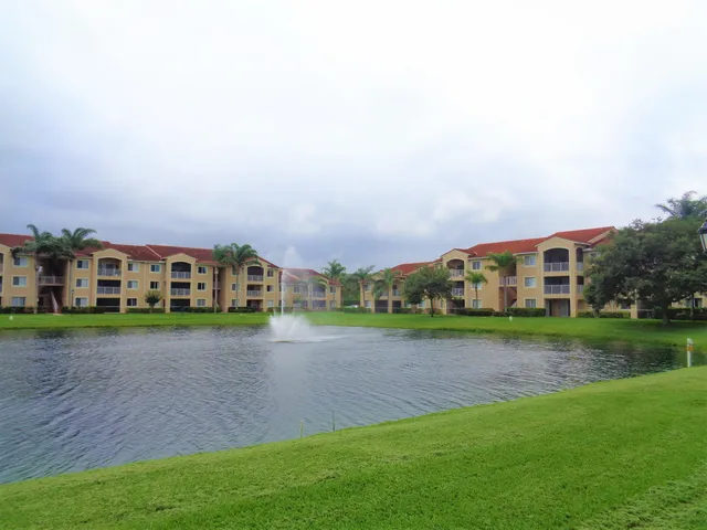 a view of a park with palm trees