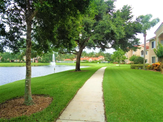 a view of a swimming pool with an outdoor space and palm trees