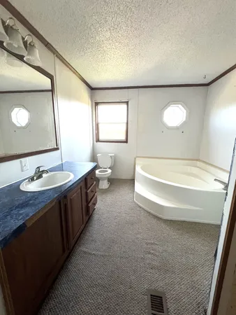 a bathroom with a double vanity sink mirror and toilet
