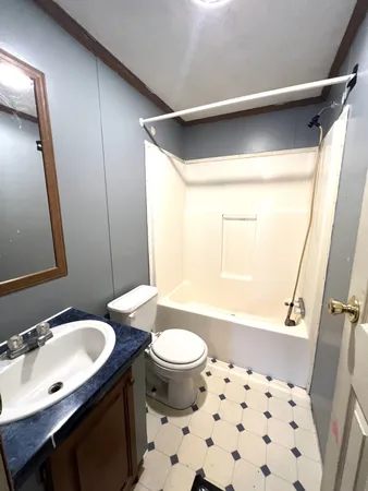 a bathroom with a sink a toilet a mirror and shower