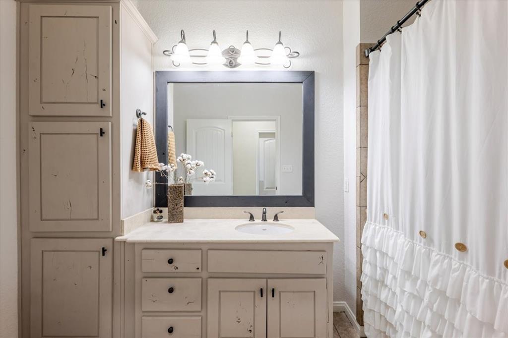 318 East Lone Star Road Poolville, TX 76487 - Photo 26 of 33 a bathroom with a sink vanity and a mirror