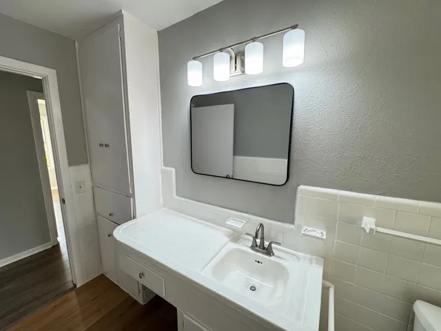 a bathroom with a sink vanity and a mirror