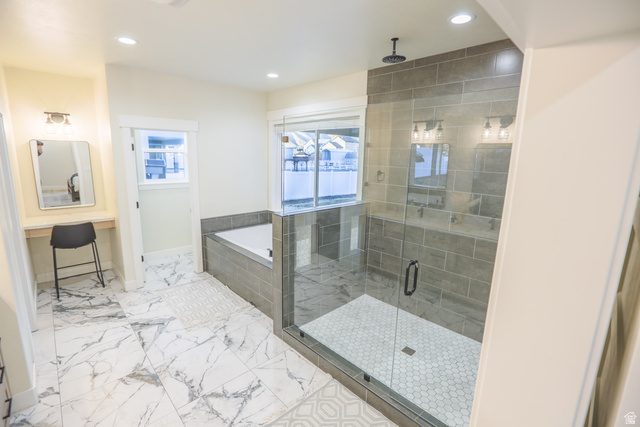 126 North 800 West Mapleton, UT 84664 - Photo 36 of 79 Bathroom featuring a garden tub, a stall shower, recessed lighting, and light marble finish flooring