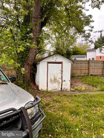 a view of backyard with wooden fence and a large tree