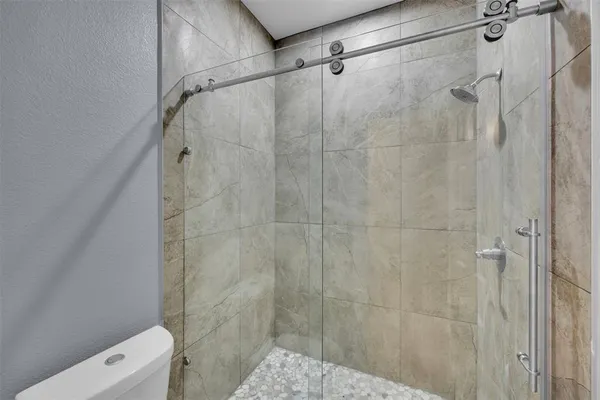 a bathroom with a shower and toilet