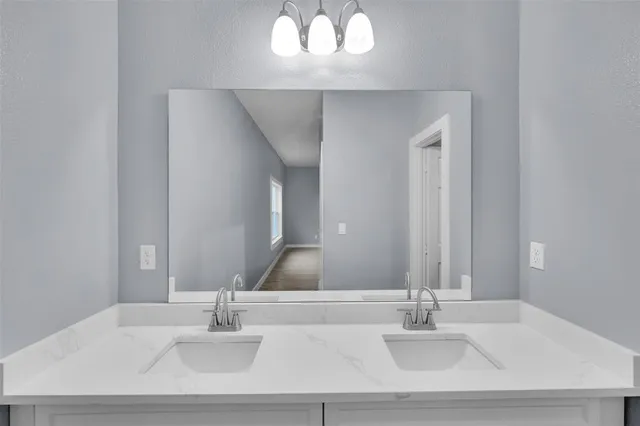 a bathroom with a sink and a mirror