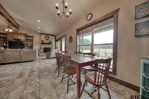 a view of a dining room with furniture window and outside view