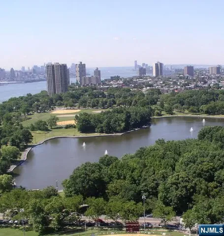 an aerial view of residential building and lake