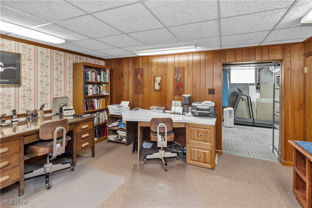 3158 Narrows Road Perry, OH 44081 - Photo 39 of 43 Home office featuring a paneled ceiling and wooden walls