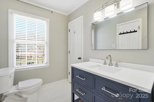 a bathroom with a sink a toilet and a mirror