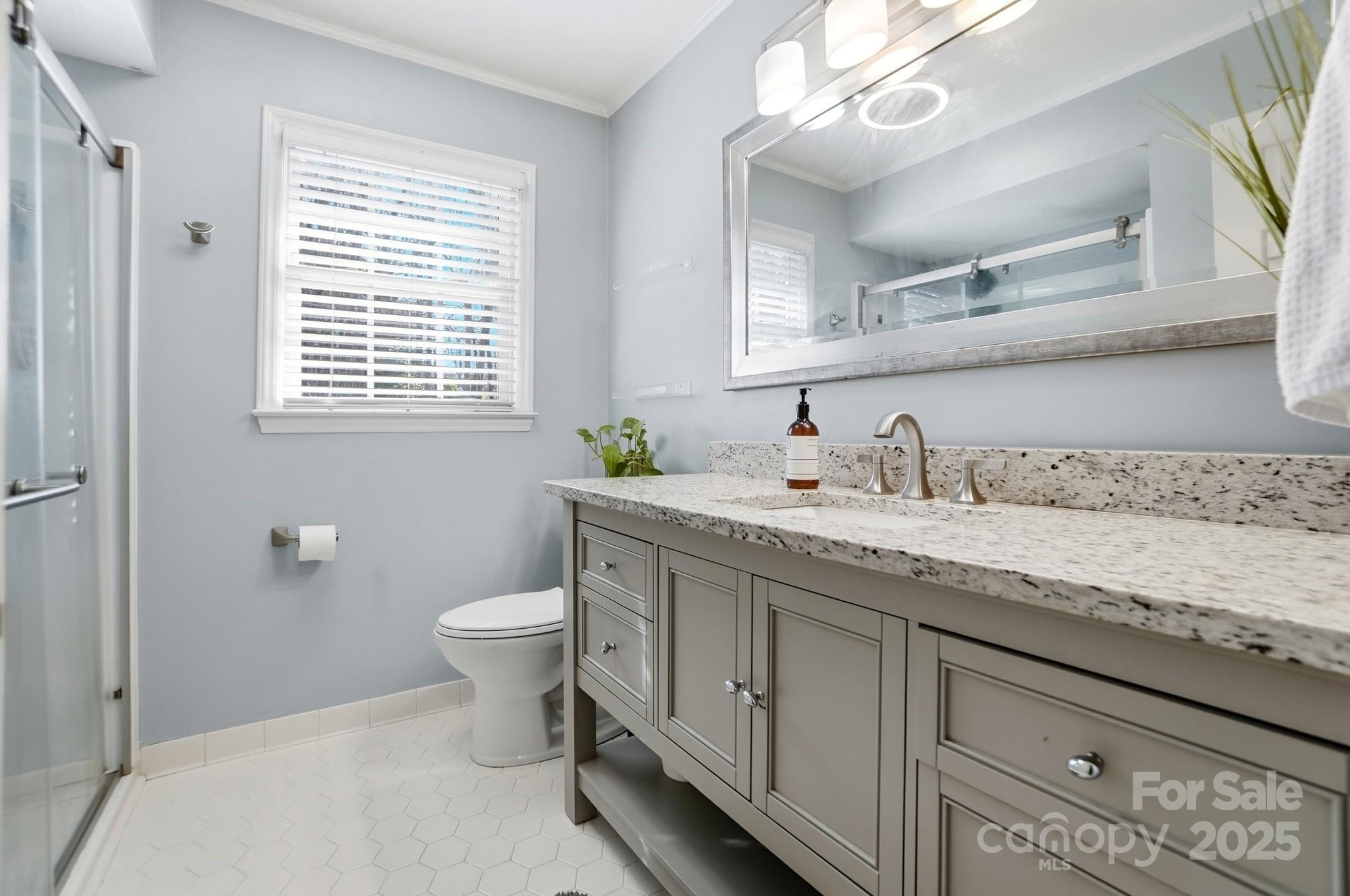 1308 Dumbarton Road Gastonia, NC 28054 - Photo 38 of 48 a bathroom with a granite countertop sink a toilet and a window