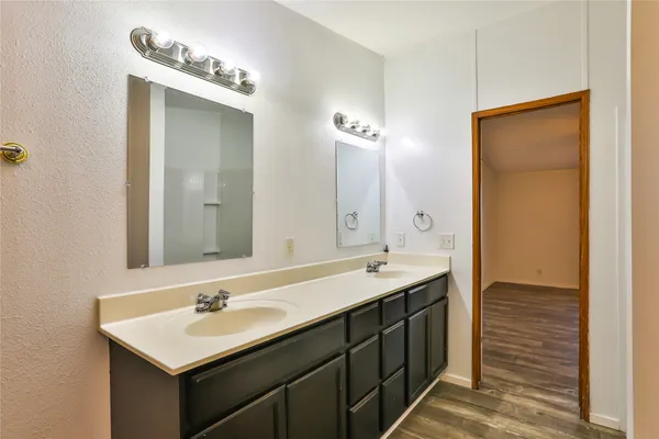 a bathroom with a sink double vanity and a mirror