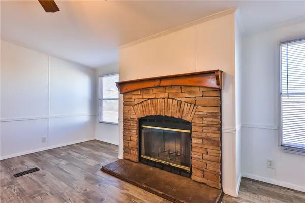 a room with a fireplace