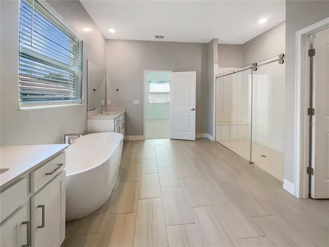 a bathroom with a tub sink shower and mirror