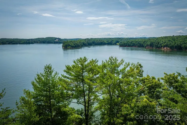 a view of a lake with houses in the back