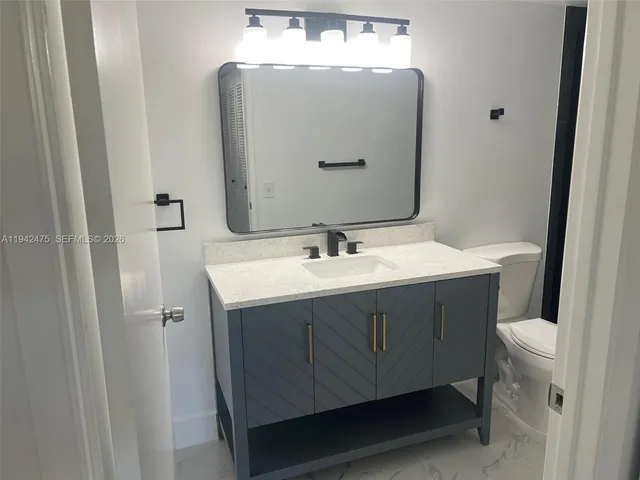 a bathroom with a sink vanity and toilet