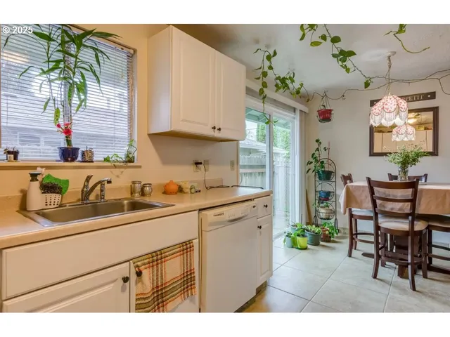 a kitchen with a sink potted plant and cabinets