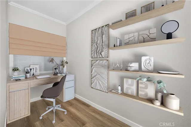 a workspace with a wooden floor