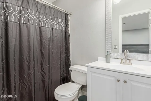 a bathroom with a sink a toilet a mirror and shower curtain