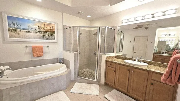 a bathroom with a tub a sink and mirror