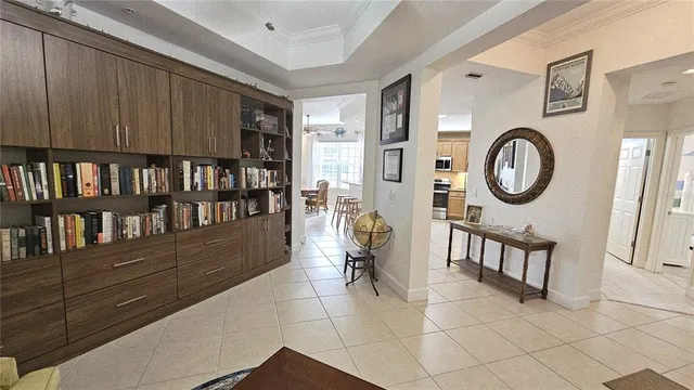 a view of a bathroom with mirror