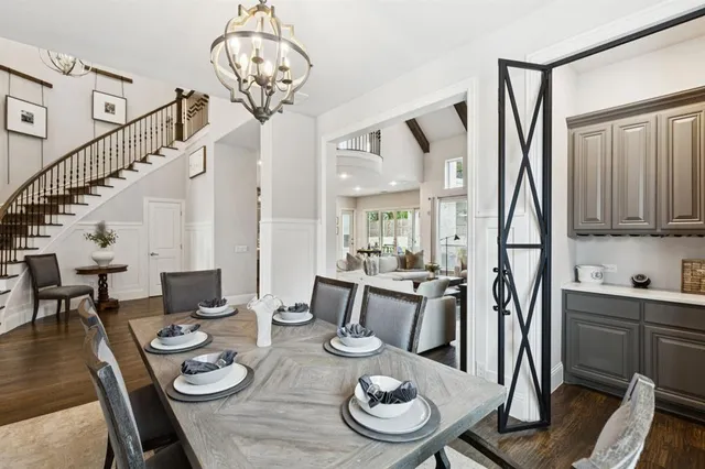 a view of a dining room with furniture