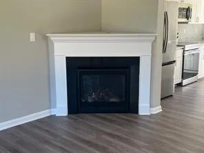 a living room with a fireplace