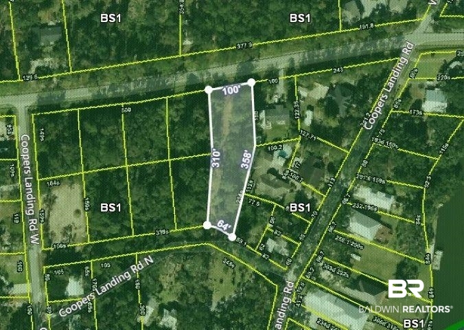 0 Coopers Landing Road Foley, AL 36535 - Photo 2 of 9 Aerial map of property and surrounding area featuring property boundaries highlighted