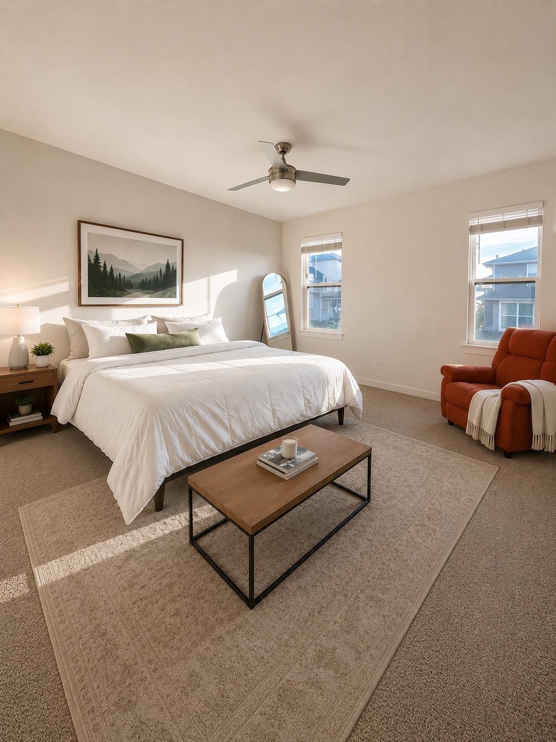 10924 Meris Lane Austin, TX 78754 - Photo 13 of 20 Carpeted bedroom featuring a ceiling fan with integrated lighting, multiple windows, and light neutral wall colors