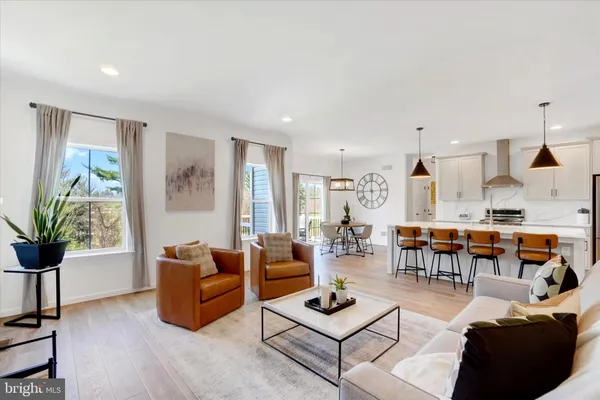 a living room with furniture kitchen view and a potted plant