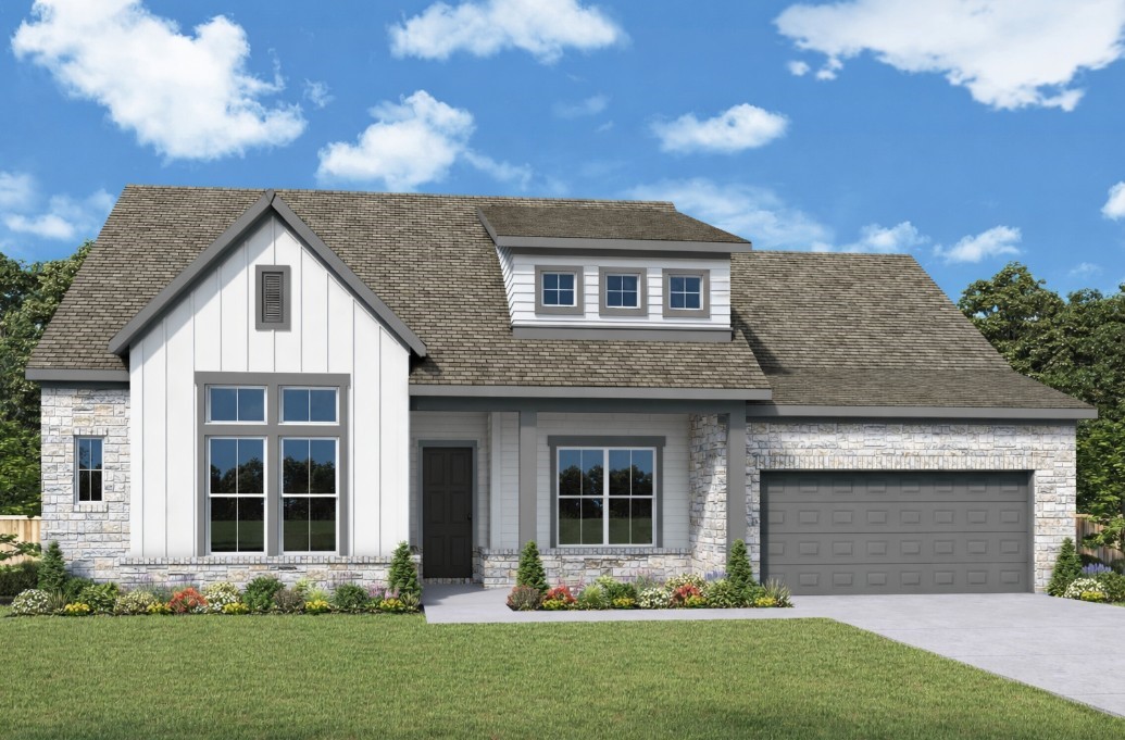 The Clover offers a front porch along with a stone & hardi board exterior!