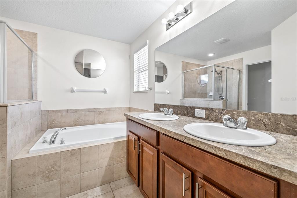 16713 Scenic Hill Way Wimauma, FL 33598 - Photo 27 of 52 a bathroom with a granite countertop sink mirror and bathtub
