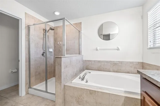 a bathroom with a tub a mirror and a shower