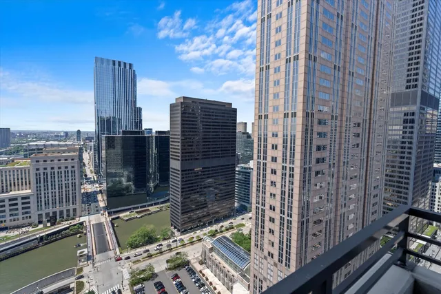 a city view with tall buildings