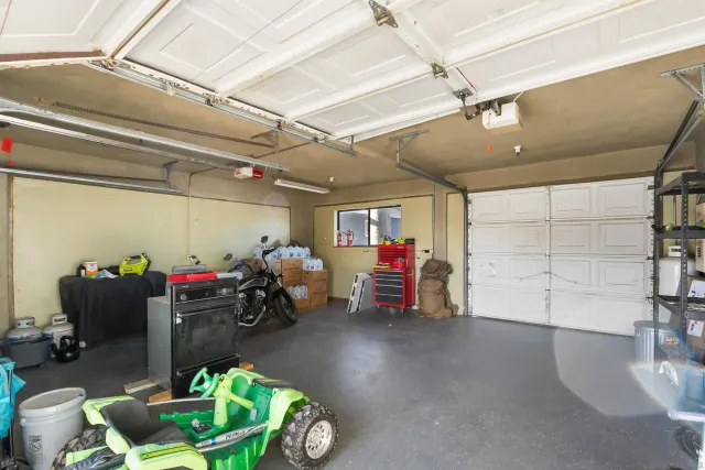 a view of a garage with storage